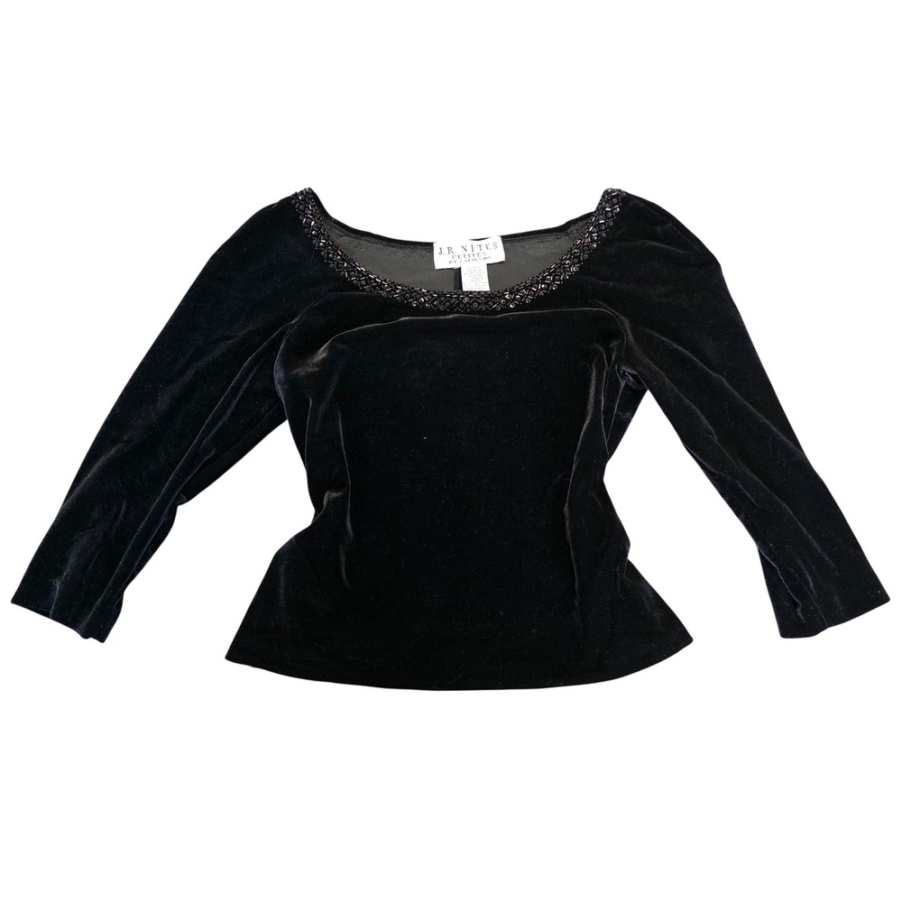 J.R. Nites Petites Vintage Stretch Velvet‎ Beaded Scoop Neck Top Black PS